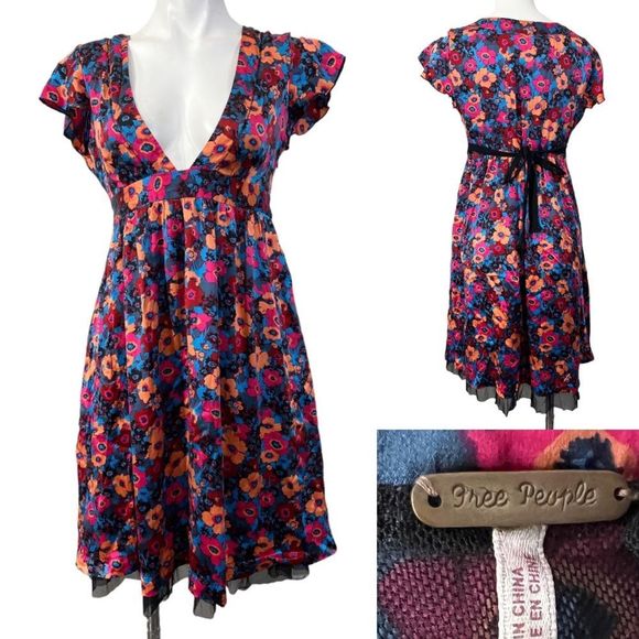 Free People Silk Floral V-neck A-line Dress 6 - Picture 1 of 7